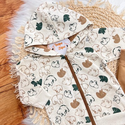 Conj. Jaqueta de Linho Ursinhos e Calça de Moletom - Marrom